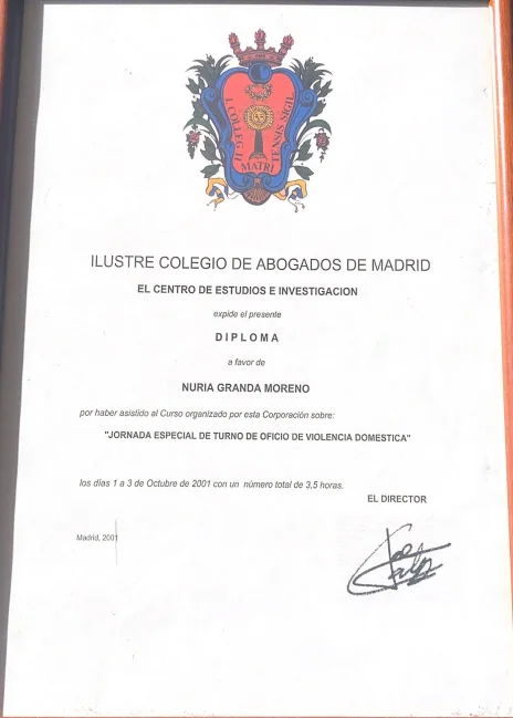 Diploma dell'Illustre Ordine degli Avvocati di Madrid — Nuria Granda Moreno